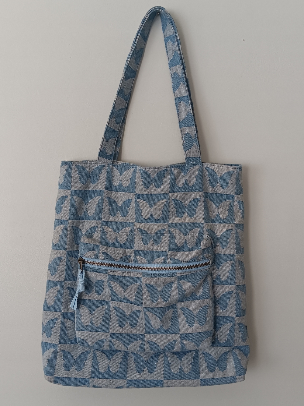 Blue Butterfly Jacquard Tote Bag with Front Zip Pocket